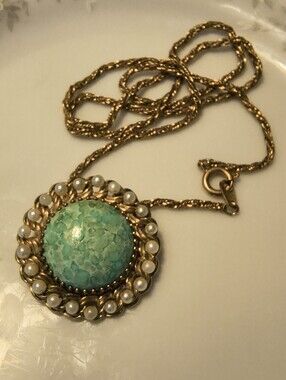Vtg MCM WINARD 12K GF  Gold Filled Turquoise Ceramic Halo Pearls Brooch Necklace